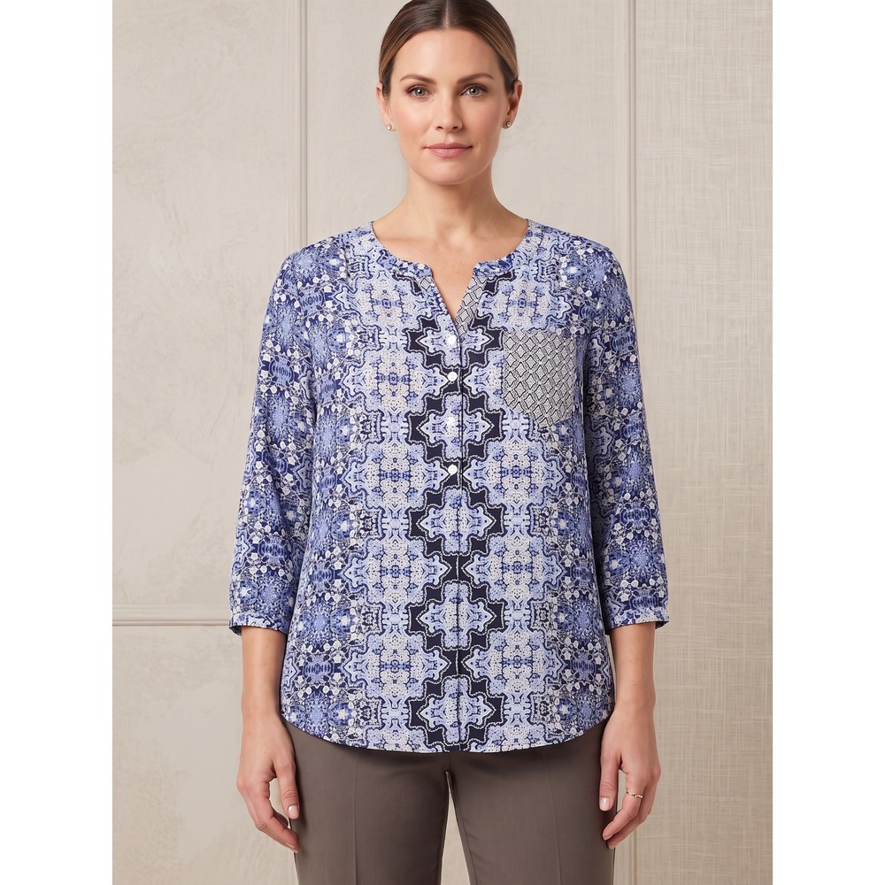 Como Vintage Blue Mosaic Tile Boho Peasant Top Coastal Festival Flowy Indie XXL